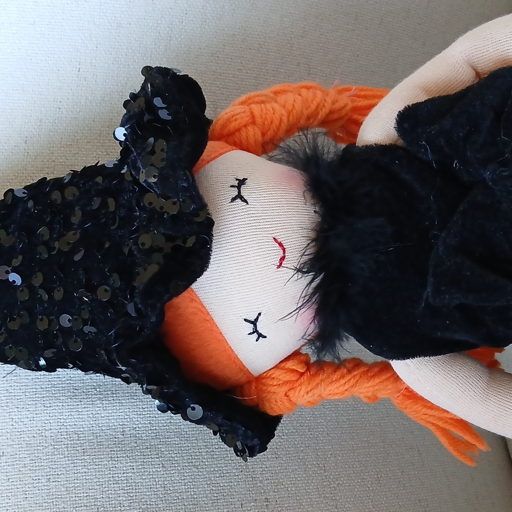 Cute Witch Doll Shelf Sitter Orange Braids Black Sequin Dress 21"